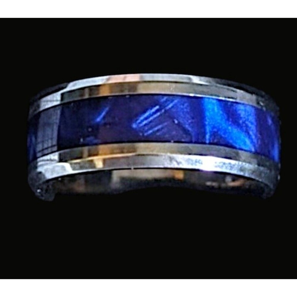 Blue Opalescent Beveled Silver Stainless Steel 8mm Band Ring 9,10, 12 & 12.5
